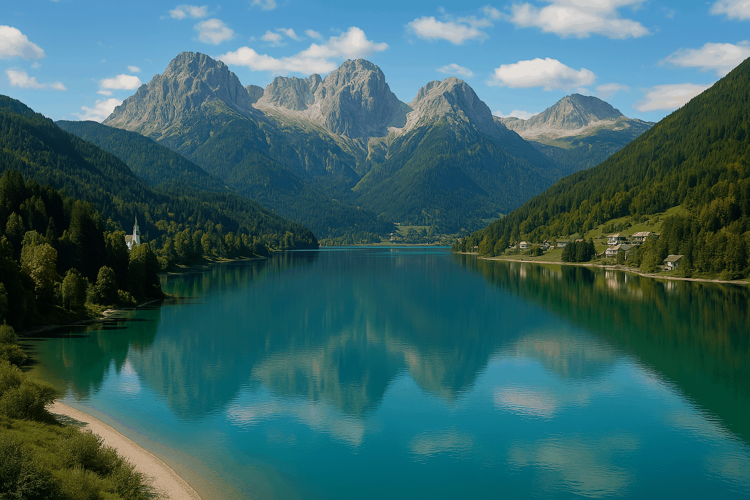슬로베니아 블레드 호수의 에메랄드빛 물과 알프스 산맥이 어우러진 평화롭고 그림 같은 풍경