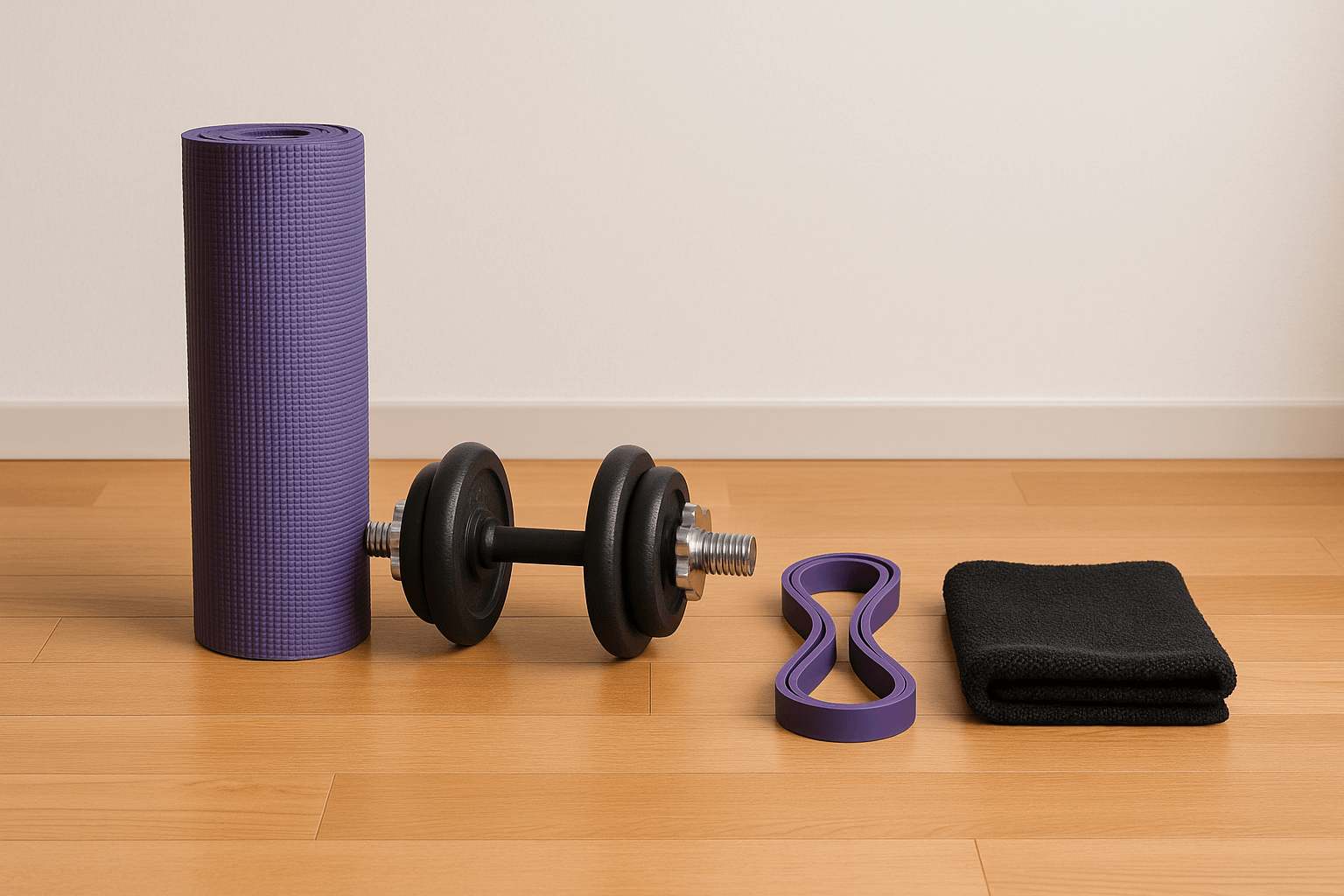 요가 매트, 덤벨, 저항 밴드, 수건 등 홈트레이닝에 필요한 기본 운동 도구들이 나란히 정리된 모습