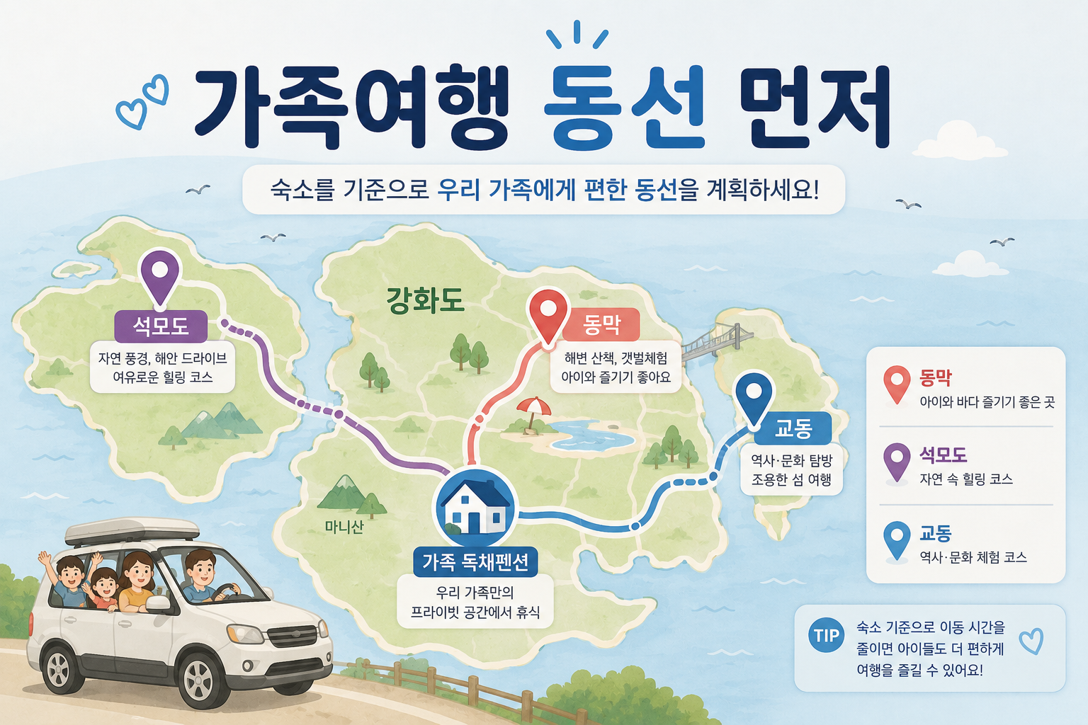 강화도 가족펜션 동막해변 석모도 교동 가족여행 동선 지도