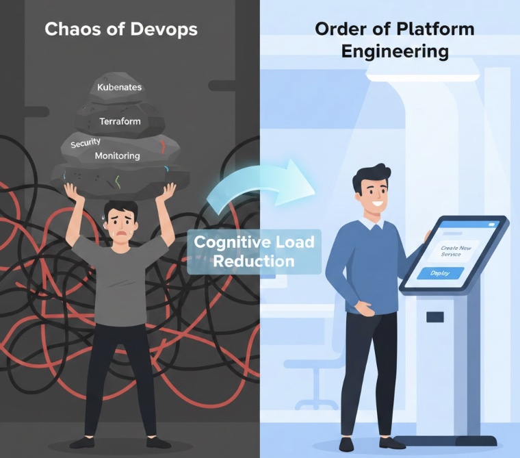 DevOps의 복잡한 인프라 관리 부담에서 플랫폼 엔지니어링을 통한 인지 부하 감소로의 전환을 보여주는 인포그래픽 이미지