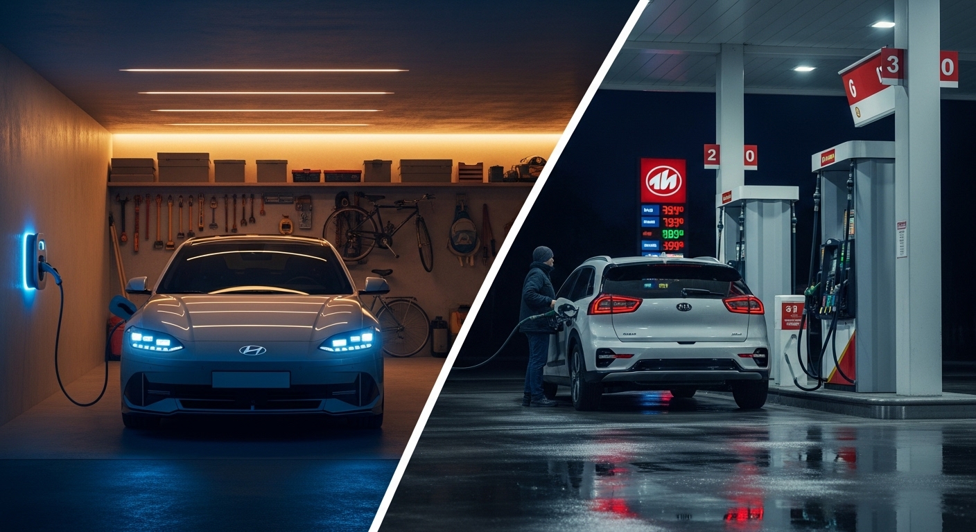 차고에서 아이오닉 6를 충전하는 모습과, 주유소에서 니로 하이브리드에 주유하는 모습이 대비되는 장면
