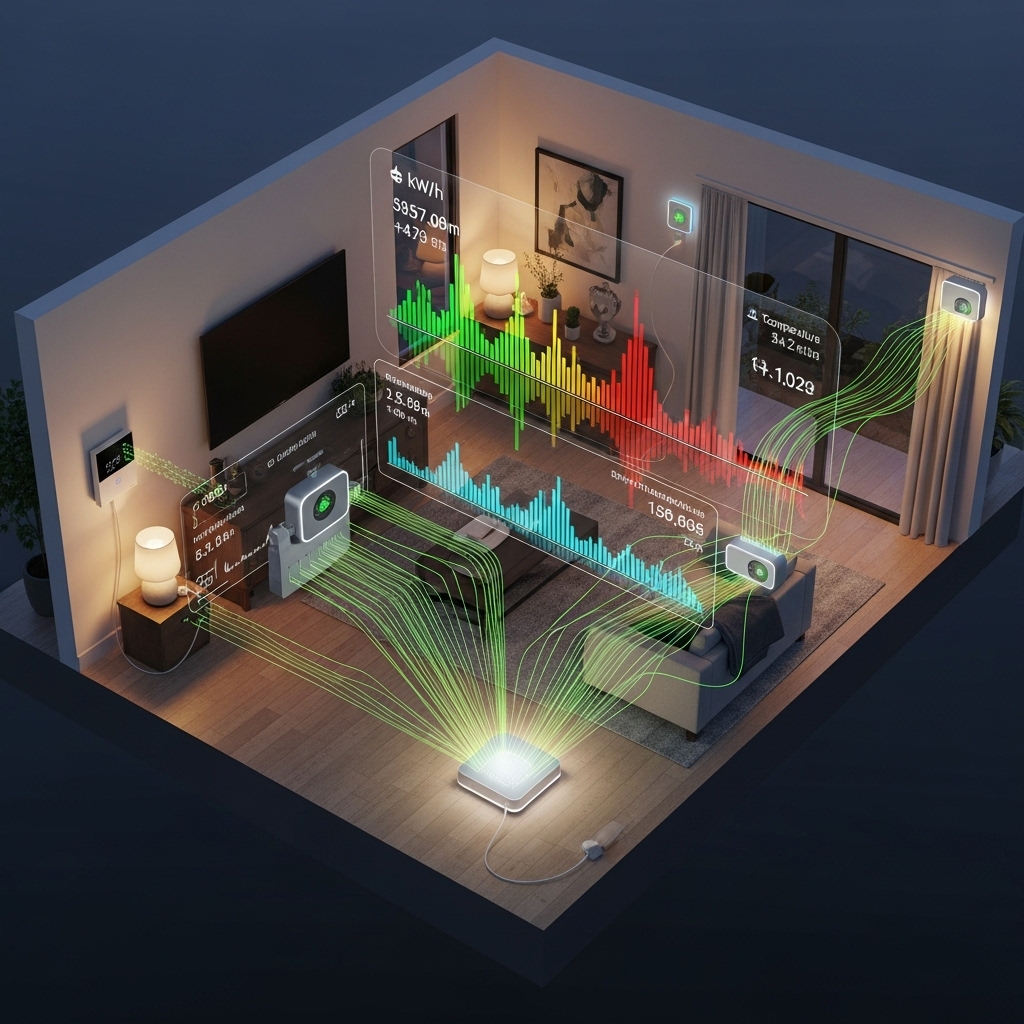 스마트 온도 조절기, 스마트 플러그, 센서 등 스마트 기기들이 연결되어 에너지 사용을 최적화하는 스마트홈 내부의 에너지 흐름 시각화.