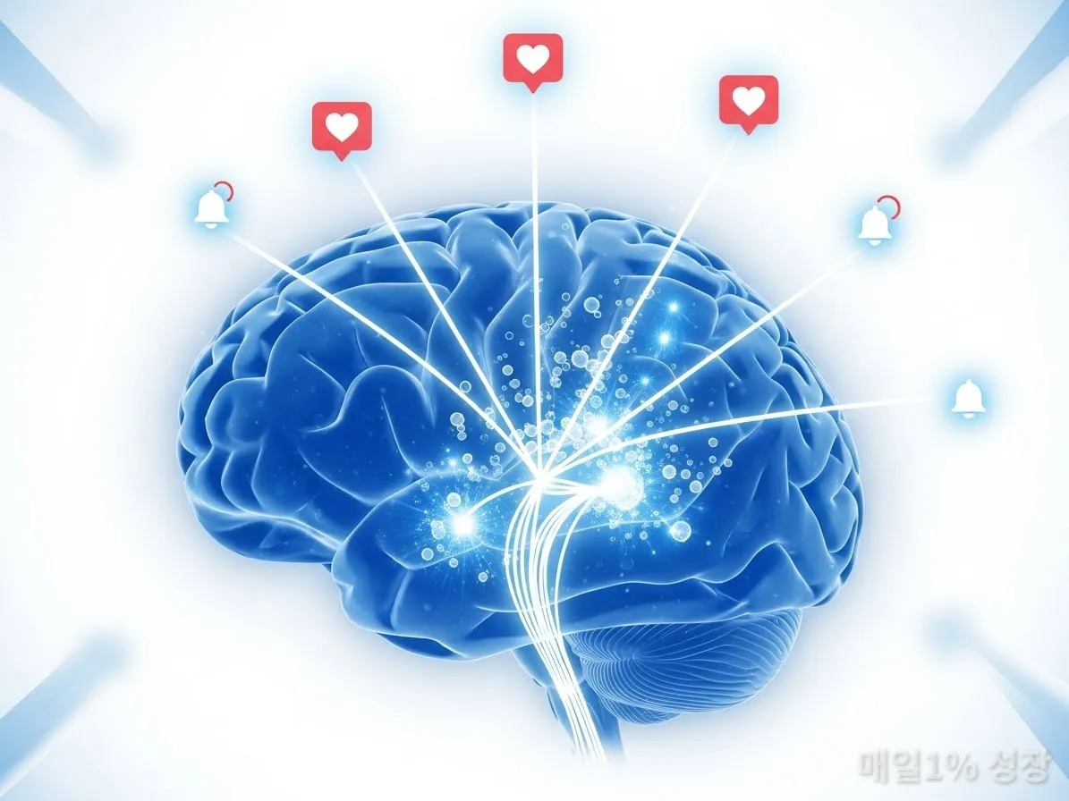 SNS 알림과 좋아요가 뇌의 도파민 분비에 미치는 영향을 보여주는 뇌과학 일러스트
