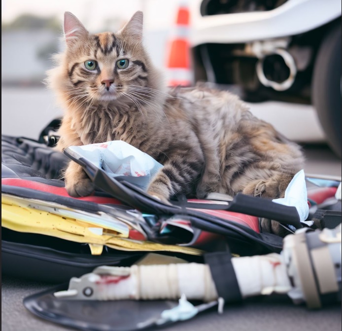 큰 사고에도 살아 남은 고양이(made by Bing)