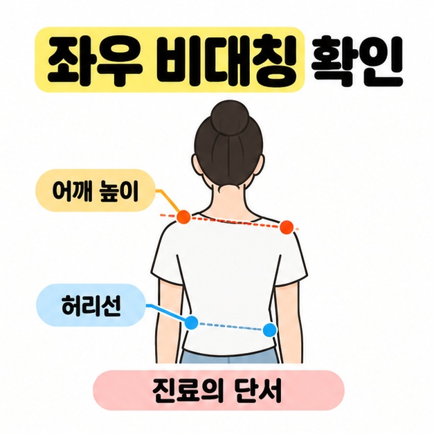 사람의 뒷모습에서 어깨 높이와 허리선을 색이 다른 점선 및 레이블로 표시하고 진료의 단서라고 설명한 이미지