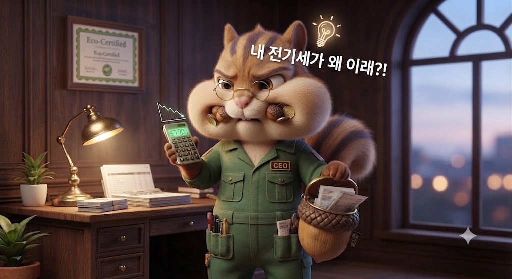 계산기와 고지서를 들고 '내 전기세가 왜 이래?!'라며 당황한 표정을 짓고 있는 다람쥐 캐릭터 인포그래픽 일러스트