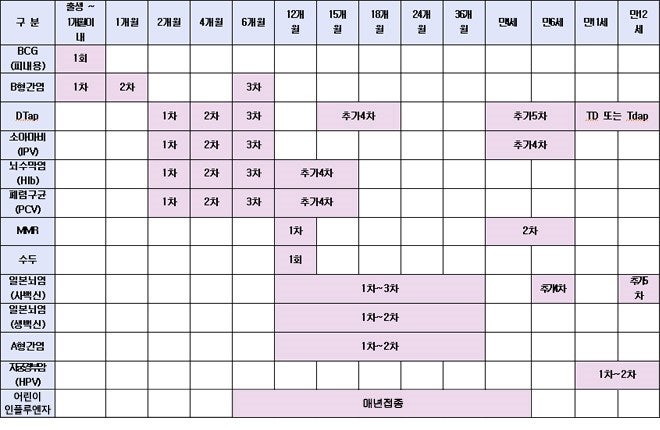 예방접종 시기와 종류를 표로 정리한 사진