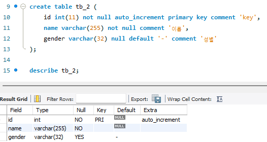 컬럼에 다양한 옵션을 적용하여 테이블 생성