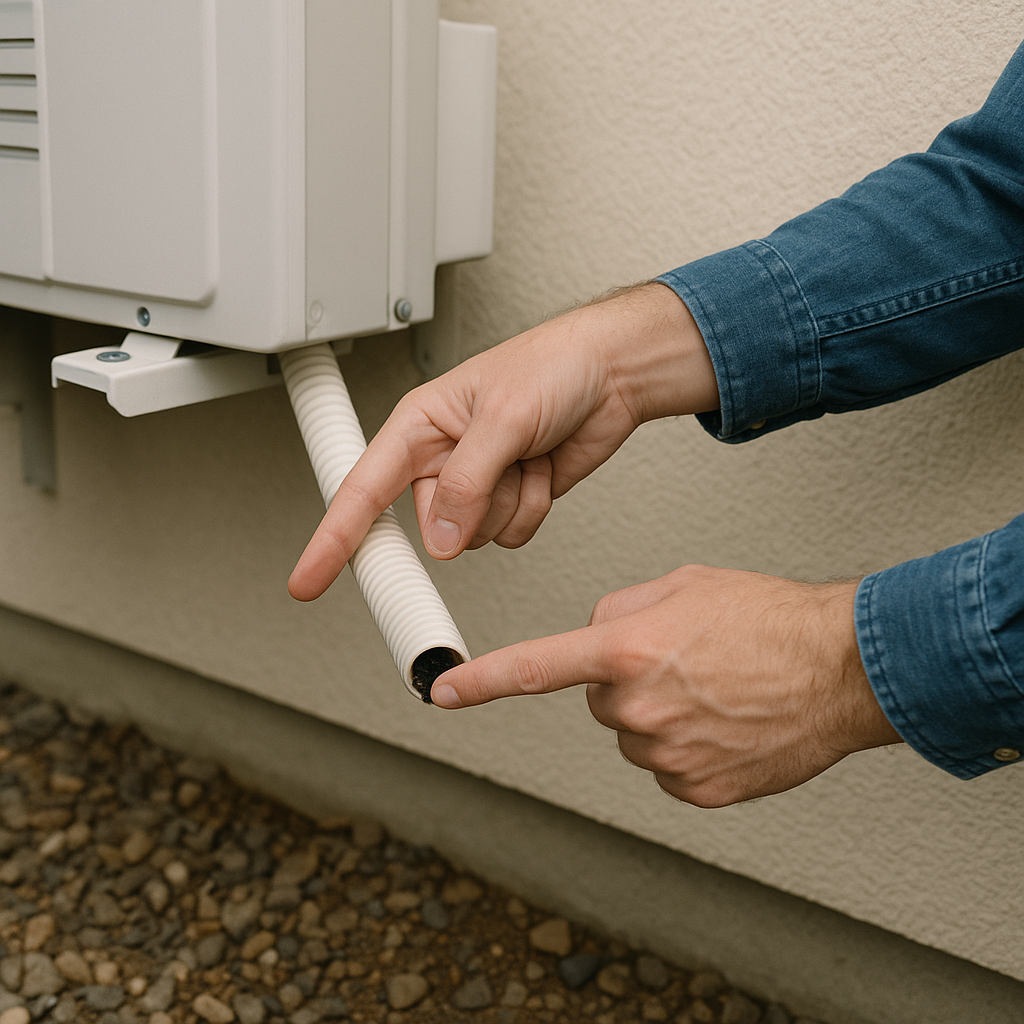 에어컨 드레인 호스 점검 방법을 보여주는 실외기 점검 모습