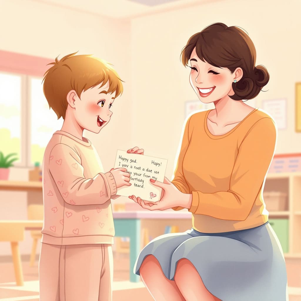 따뜻한 햇살이 비추는 어린이집 교실 안, 아이가 작은 손으로 서툰 글씨나 그림이 담긴 카드를 선생님께 조심스럽게 건네는 장면입니다. 선생님은 환한 미소로 카드를 받고 아이의 머리를 부드럽게 쓰다듬어 주고 있습니다. 배경은 부드러운 파스텔 톤의 교실 환경으로 설정합니다. 수채화 또는 색연필 그림 같은 부드러운 아트 스타일을 사용합니다.