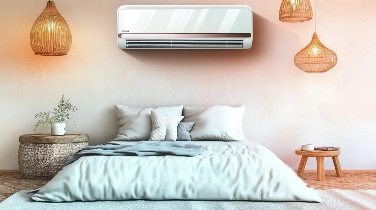 더운 여름날 현대적인 벽걸이 에어컨으로 시원함이 가득한 아늑한 공간에서, 북유럽 스타일 장식이 조화로운 모습. 에너지 효율적이며 쾌적한 실내 환경을 조성합니다.