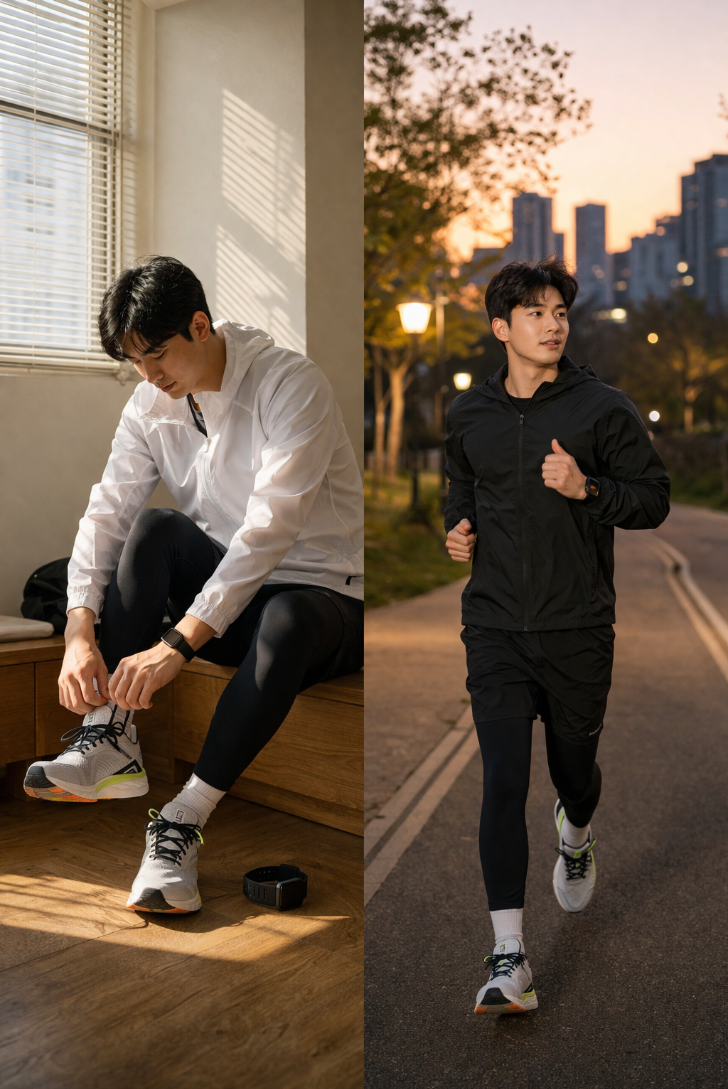 아침 러닝과 저녁 러닝을 비교하는 초보 러너 이미지