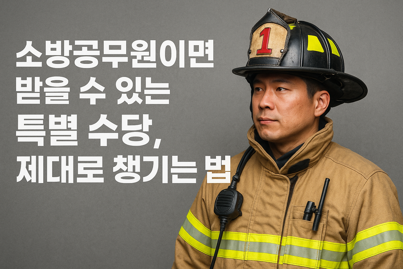 소방공무원-특별수당-제대로-챙기는법-소방복-헬멧-무전기-한국인-소방관-회색배경