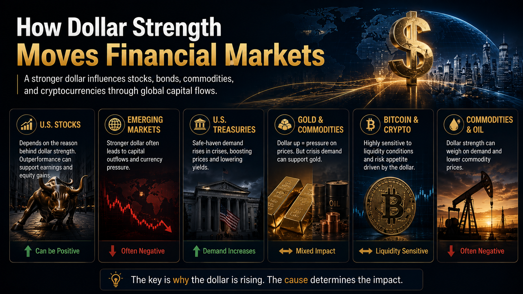 Infographic explaining how a stronger U.S. dollar affects stocks, Treasuries, gold, commodities, oil, and Bitcoin.