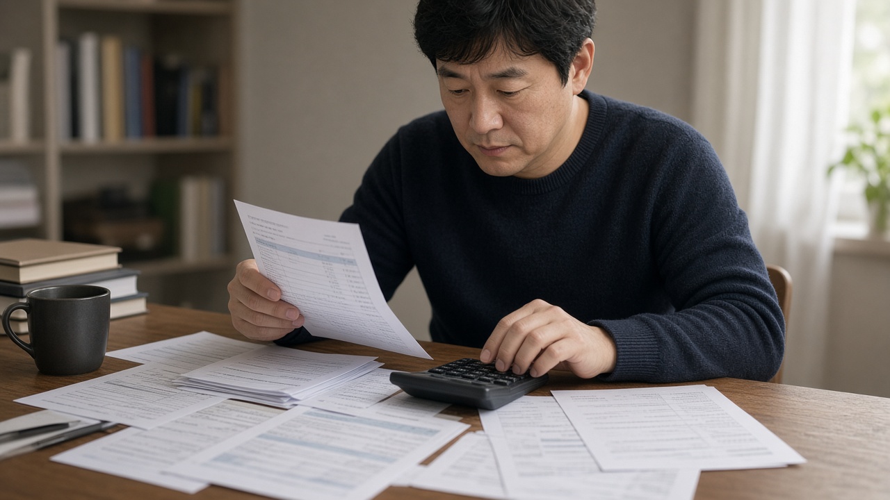 서류와 급여명세서를 펼쳐 소득을 계산하는 40대 한국인 남성