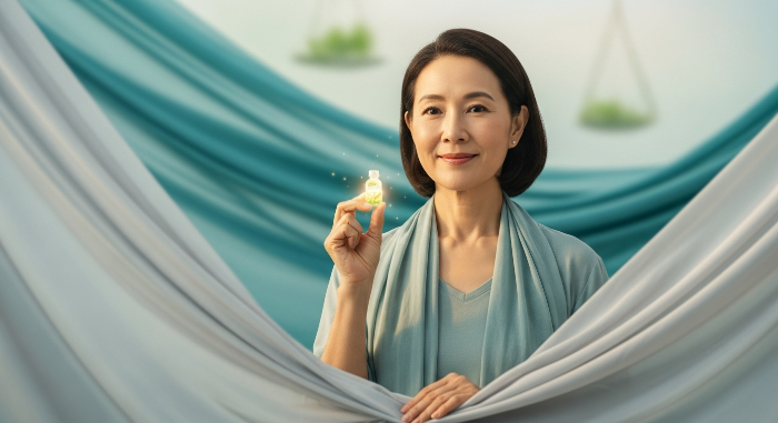 차분하고 활기찬 중년 여성이 허브 영양제를 들고 있는 모습, 갱년기 건강과 균형을 상징합니다.