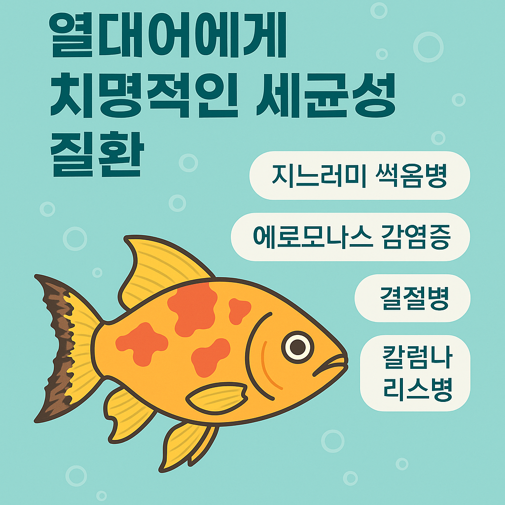 열대어에게 치명적인 세균성 질환 정보를 담은 그래픽 이미지로, 지느러미 썩음병, 에로모나스 감염증, 결절병, 칼럼나리스병이라는 네 가지 주요 질환명이 한국어로 표기되어 있으며, 증상이 나타난 열대어 일러스트가 함께 배치되어 있음.