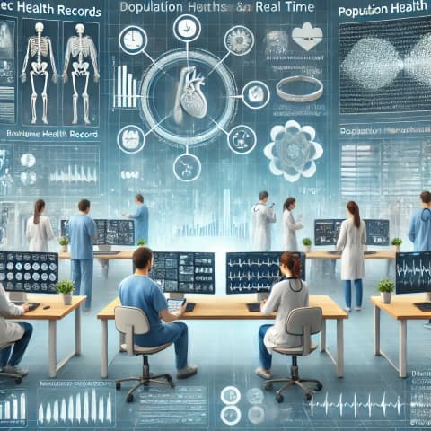 Hospital staff using tablets or workstations to access integrated patient records in real time
A data analytics dashboard visualizing large-scale medical data (electronic health records, wearable data) for population health insights
A telemedicine station equipped with remote monitoring devices and video consultation tools
AI-based diagnostic software analyzing medical scans (X-ray, MRI) or genomic data on a high-resolution screen