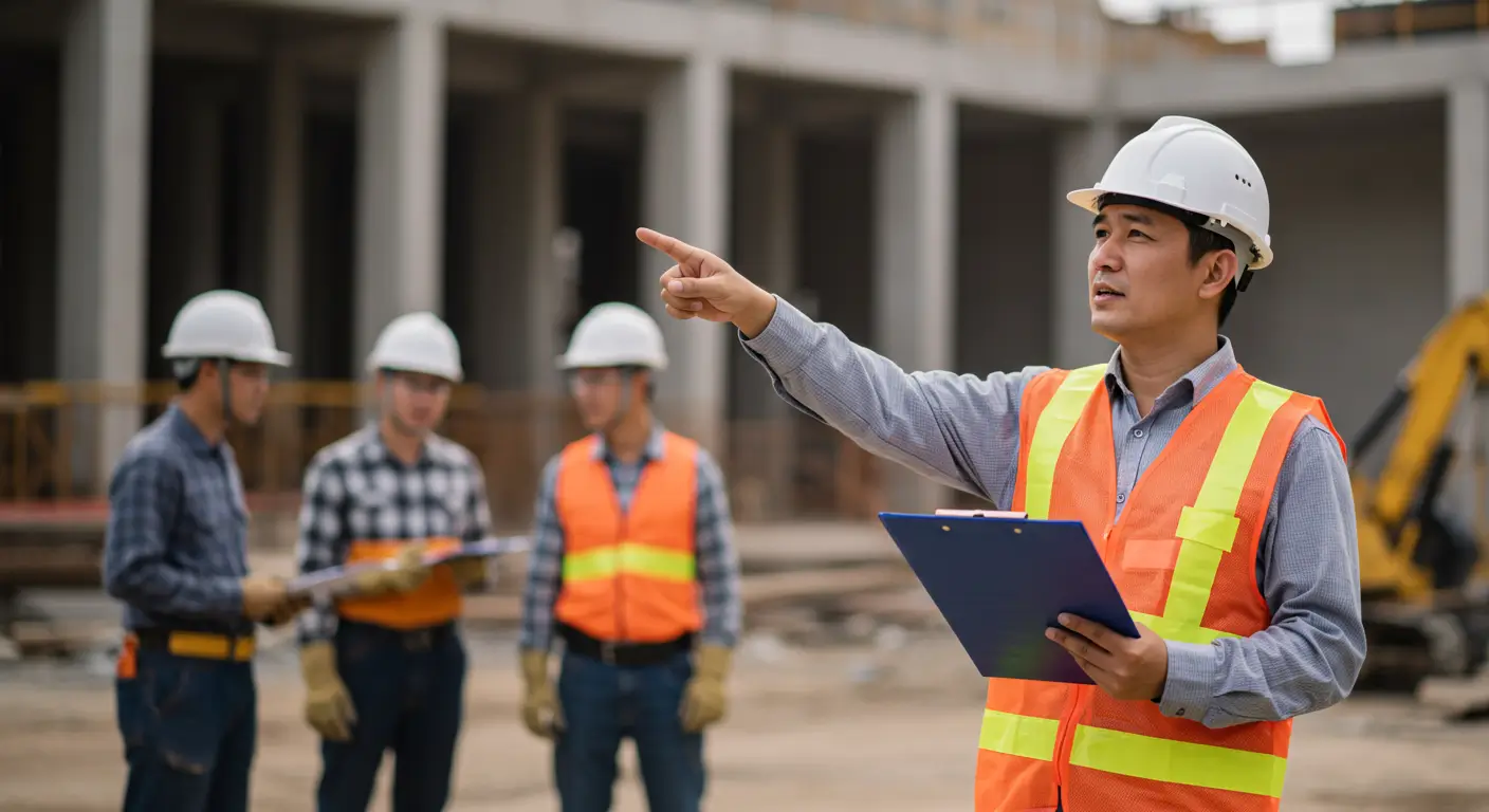 흰색 안전모와 조끼를 착용한 자신감 있는 산업안전관리자가, 분주하고 큰 건설 현장에서 클립보드를 들고 손으로 가리키며 건설 작업자 팀에게 무언가를 지시하는 모습