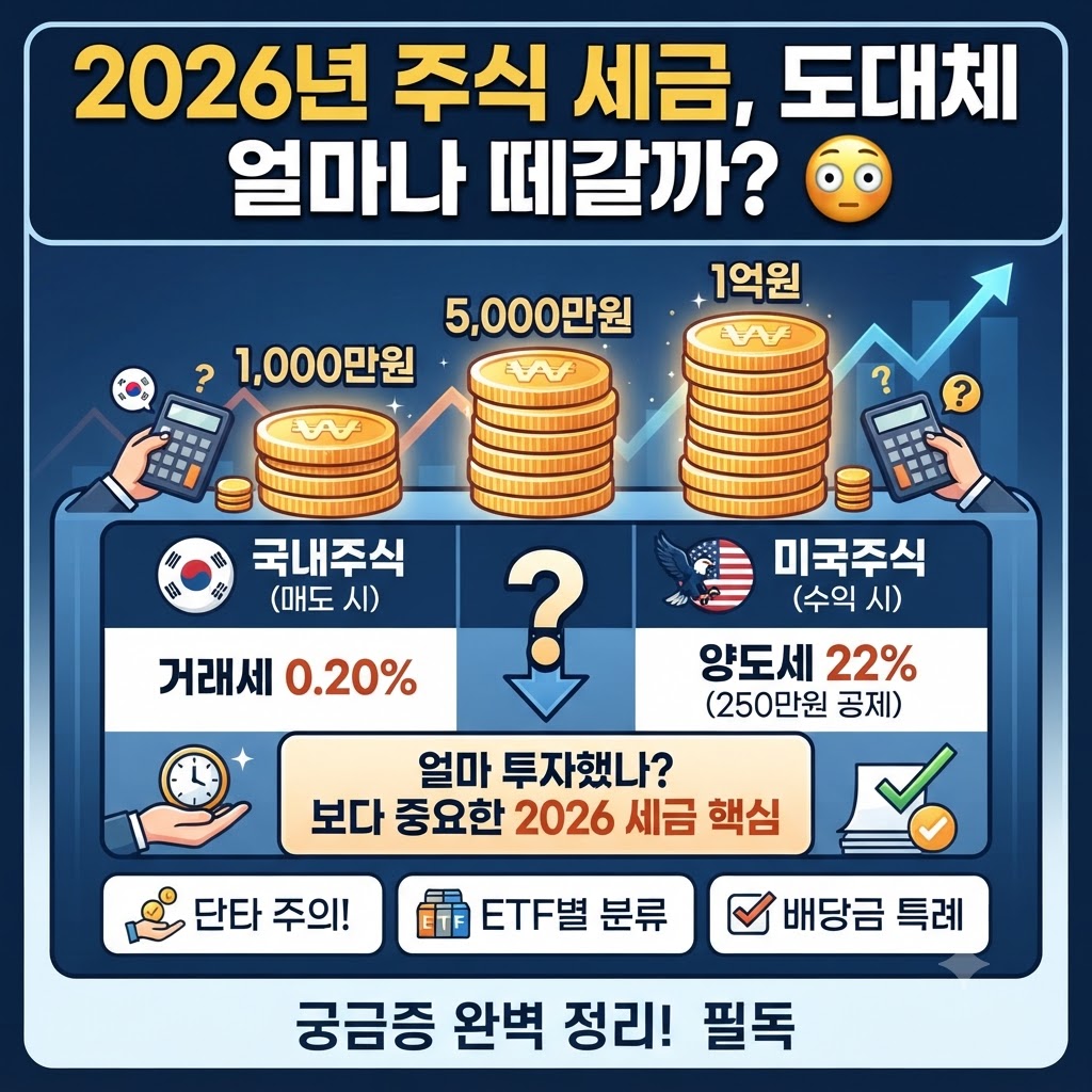 2026년 주식 세금(국내주식 거래세 0.20%, 미국주식 양도소득세 22%, 1,000만원·5,000만원·1억원 투자금별 비교, ETF 및 배당소득세 특례)에 대한 핵심 내용을 요약한 블로그 썸네일 이미지