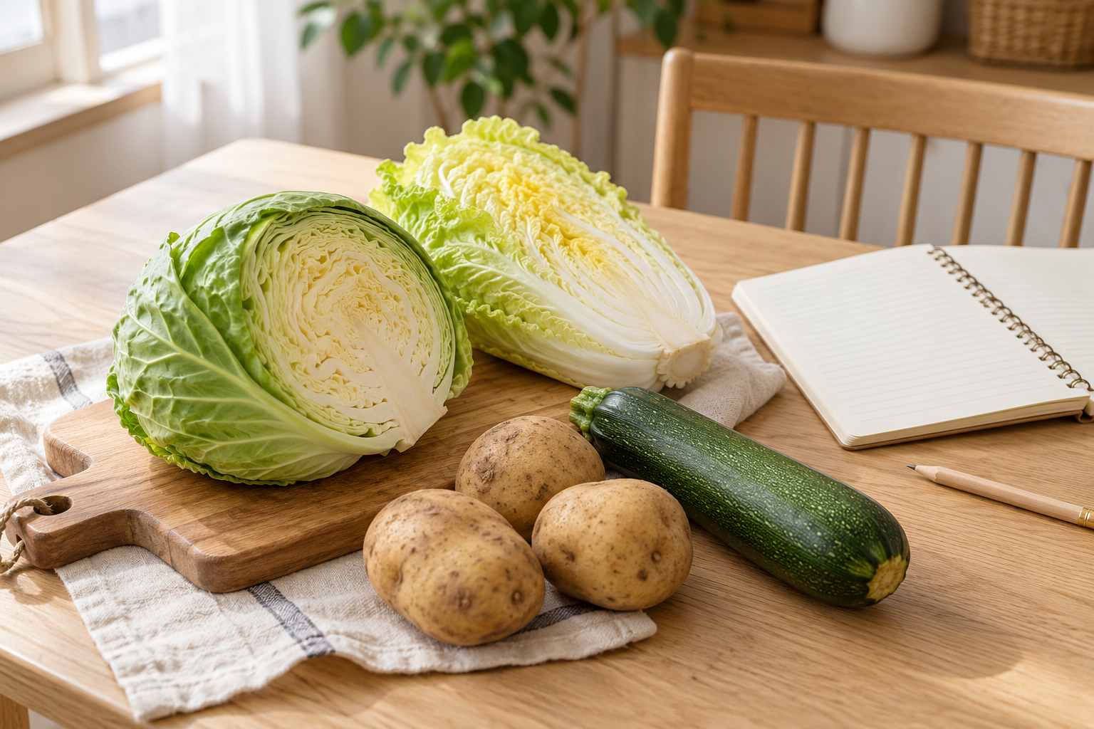 밝은 나무 식탁 위에 양배추와 배추, 감자, 초록색 호박, 펼친 식단 노트와 연필이 놓인 모습.