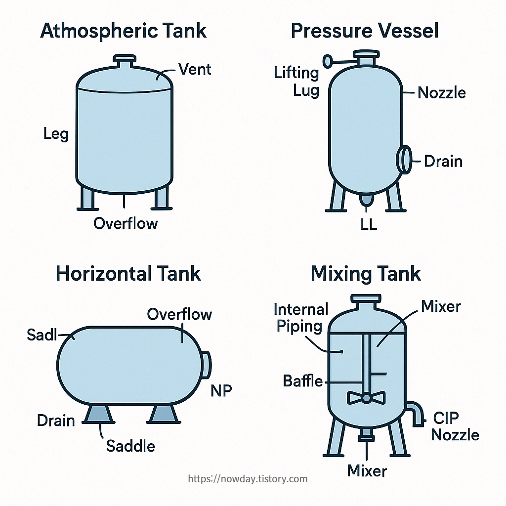 Comparison chart of four industrial tank types: atmospheric tank, pressure vessel, horizontal tank, and mixing tank, showing their typical support structures and key attachments like nozzles, manholes, vents, and lifting lugs.