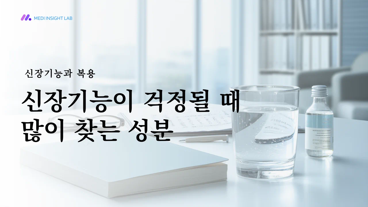 진료실 책상 위 혈액검사 결과지와 물컵, 약 정제가 함께 놓인 장면, 신장기능과 당뇨약을 함께 떠올리게 하는 차분한 의료 정보 이미지