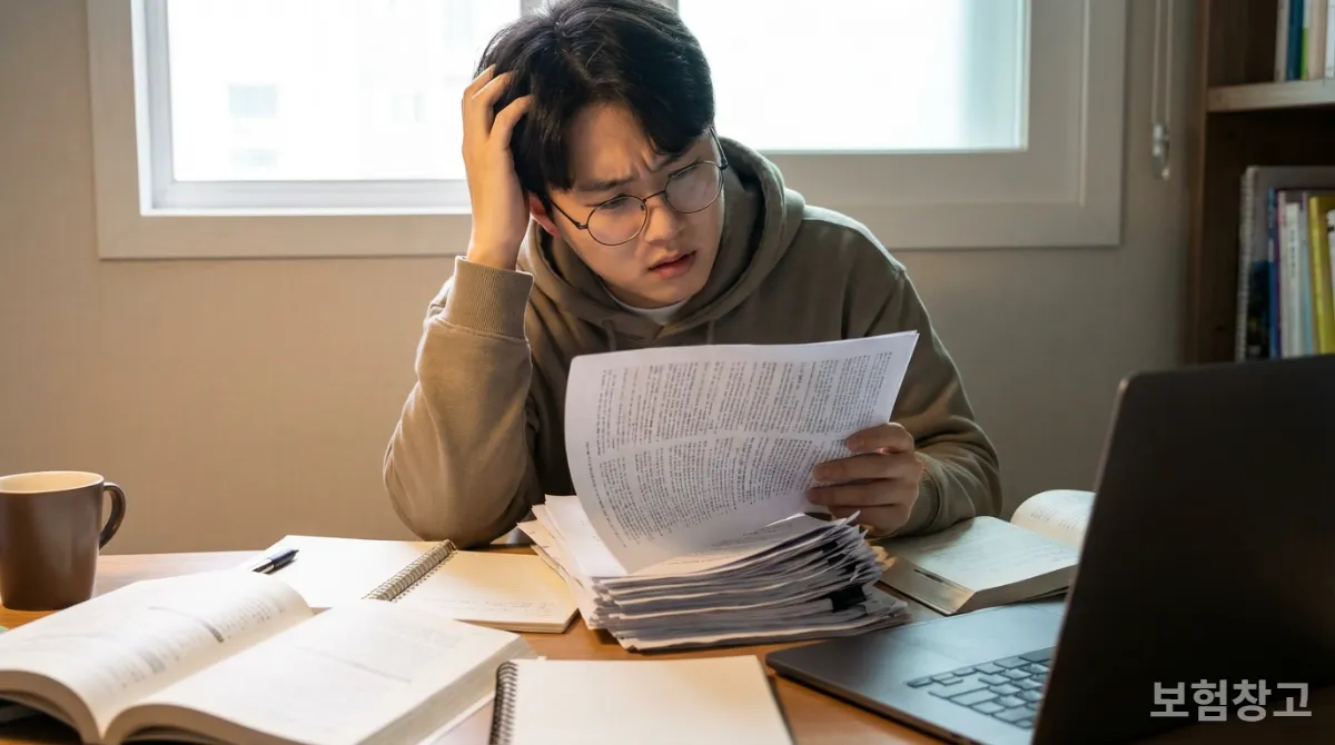 복잡한 보험 서류를 보고 어려워하는 한국인