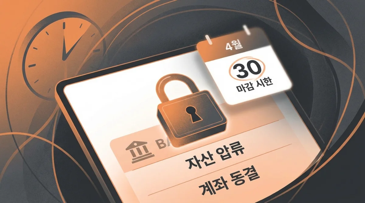 4월 강제징수 및 예금 압류 위험을 경고하는 태블릿 화면과 자물쇠 일러스트