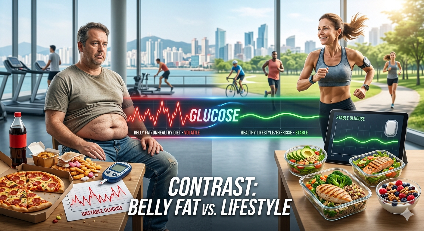 A health concept image showing contrast between belly fat and healthy lifestyle, including glucose graph, balanced meals, and a person exercising