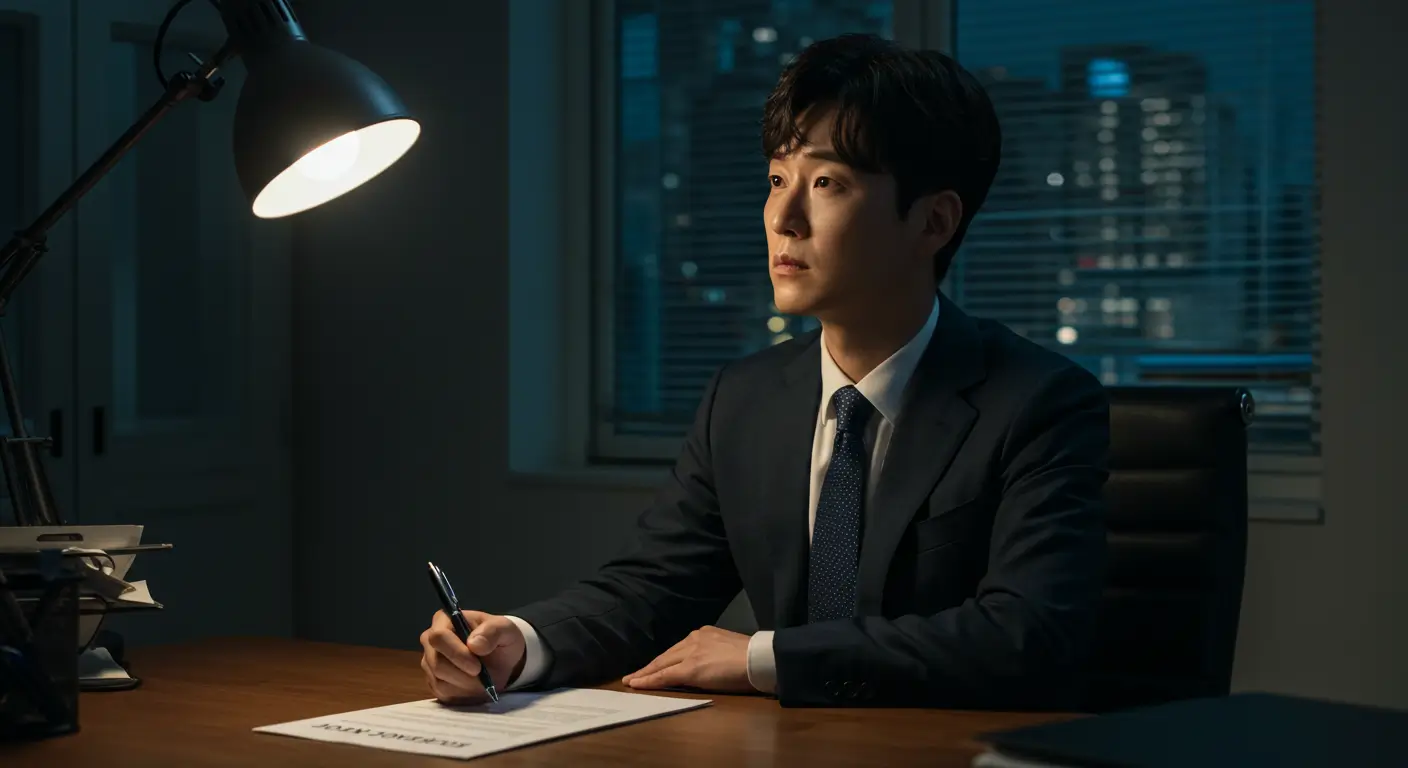 저축은행 대출 계약서에 서명하기 전, 창밖을 보며 깊은 고민에 빠진 한국인 직장인