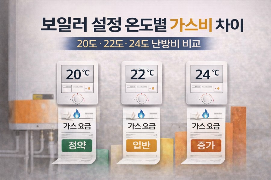 보일러 설정 온도 20도 22도 24도에 따른 난방 가스비 차이를 비교 설명하는 겨울 난방비 절약 안내 이미지 입니다.
