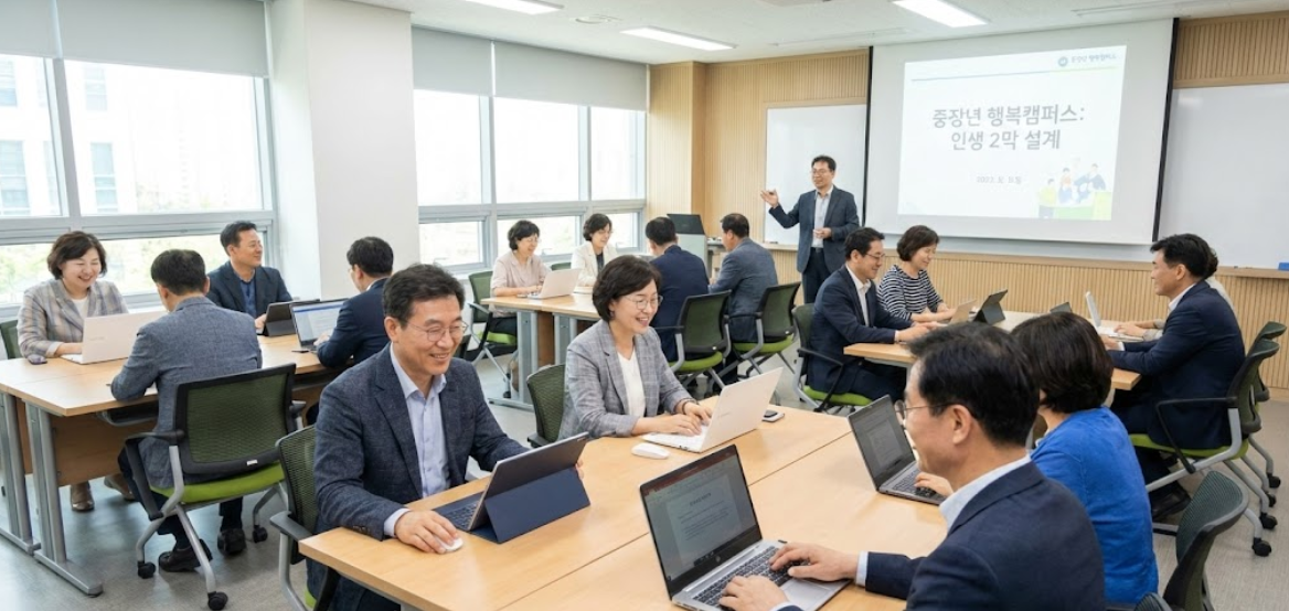 깔끔한 강의실에서 중장년들이 모여 밝은 표정으로 노트북을 활용해 자기계발 수업을 듣는 모습