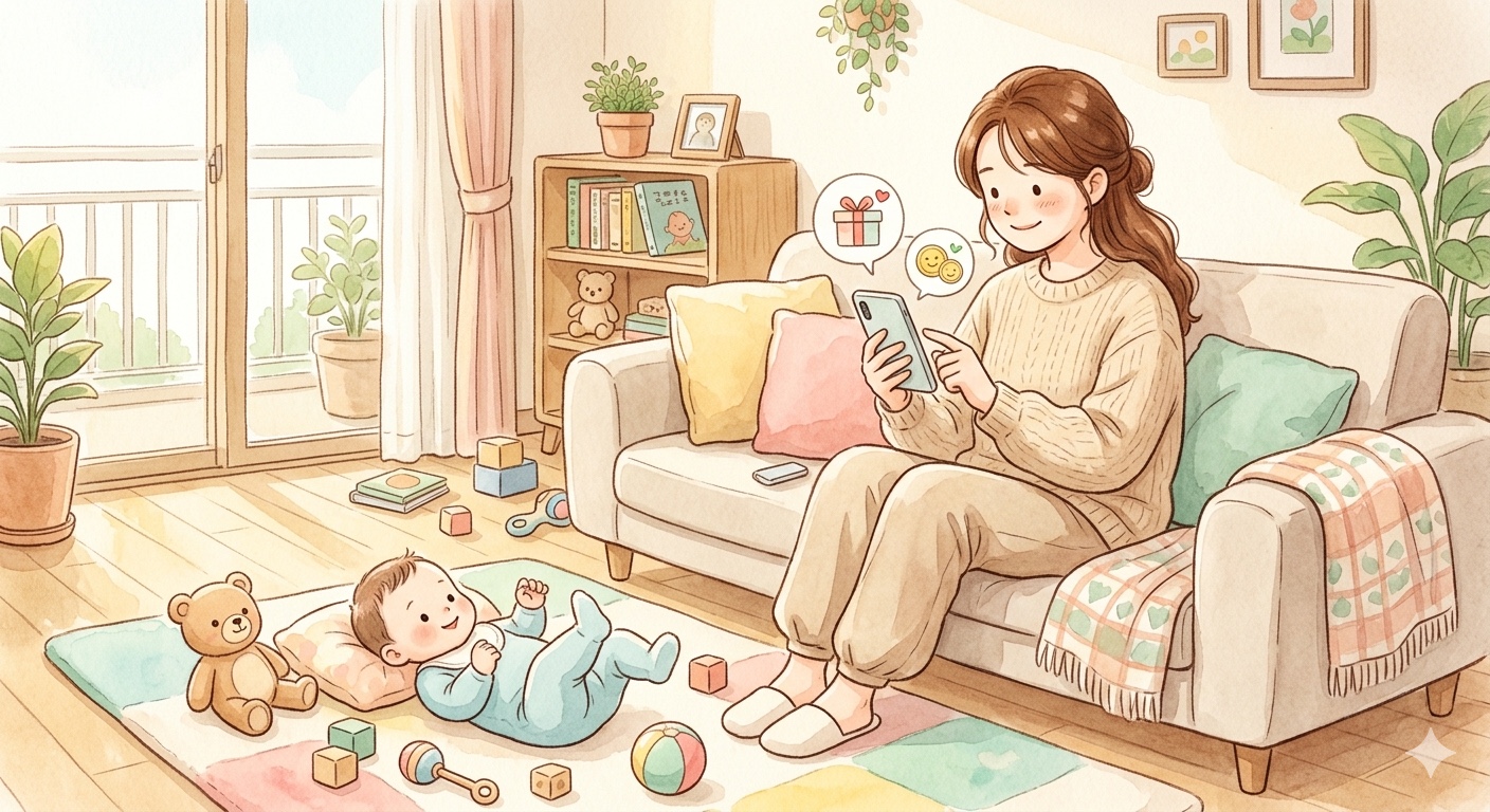 A mother on parental leave checks her government welfare coupon eligibility on a smartphone while her baby rests nearby on a cozy living room floor.