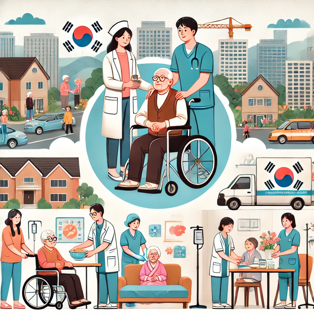 &quot;수원형 통합돌봄사업을 표현한 삽화. 노인과 장애인이 가정과 지역 센터에서 맞춤형 돌봄을 받고 있으며, 돌봄 제공자가 식사, 운동, 건강 검진 등을 돕고 있다. 따뜻하고 친근한 분위기 속에서 수원의 도시 풍경이 배경으로 보인다.&quot;