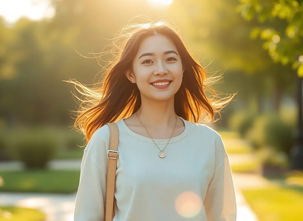 햇살 받으며 가볍게 걷는 예쁜 한국 여성, 자연스러운 미소와 캐주얼 복장, 주변 녹음과 아침 햇빛이 조화를 이루는 장면