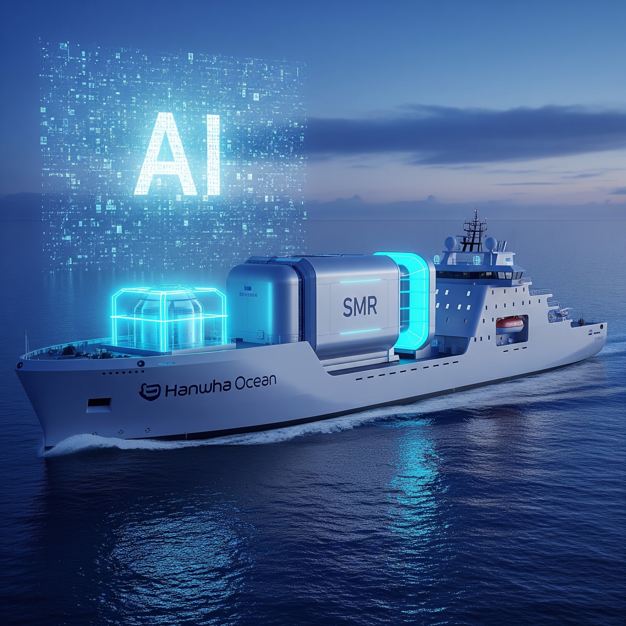 바다 위 보조배터리 역할을 하는 한화오션의 SMR 이동형 에너지 인프라 선박 이미지