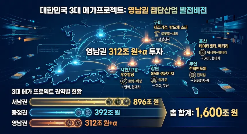 대한민국 지도 위에 영남권 중심의 첨단산업 투자 계획을 시각화한 인포그래픽