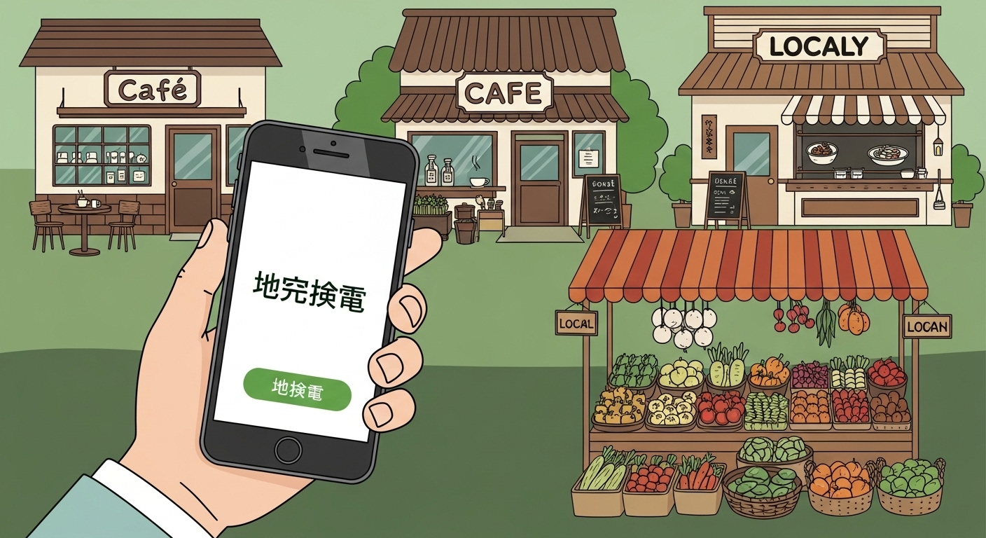 스마트폰으로 지역화폐 앱을 사용하는 손과 그 뒤로 활기찬 지역 상점들이 보이는 그림. 지역 경제 활성화와 현명한 소비를 상징합니다.