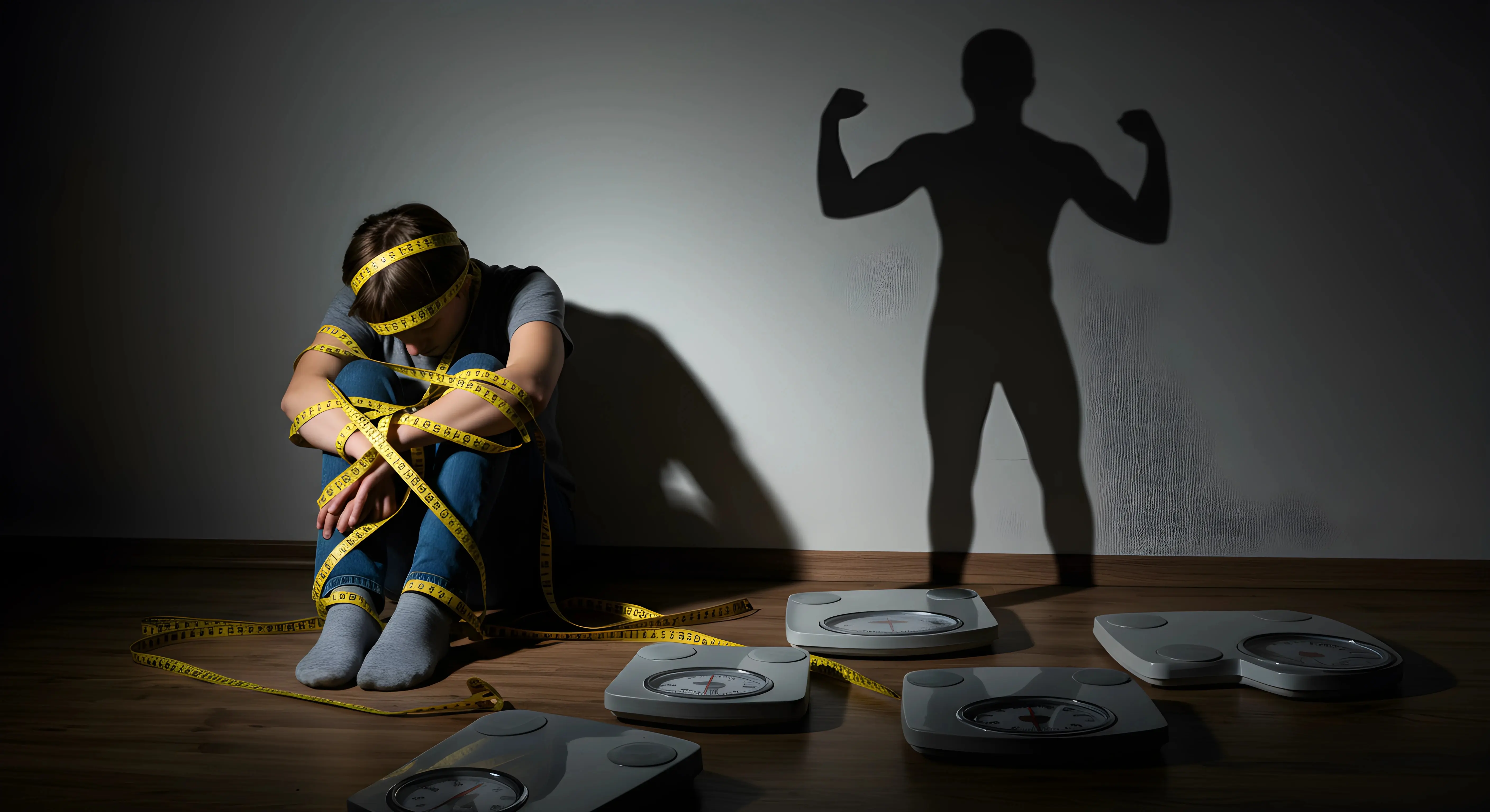 체중계와 줄자에 묶여 좌절한 사람과 벽에 비친 건강하고 자신감 있는 그림자.