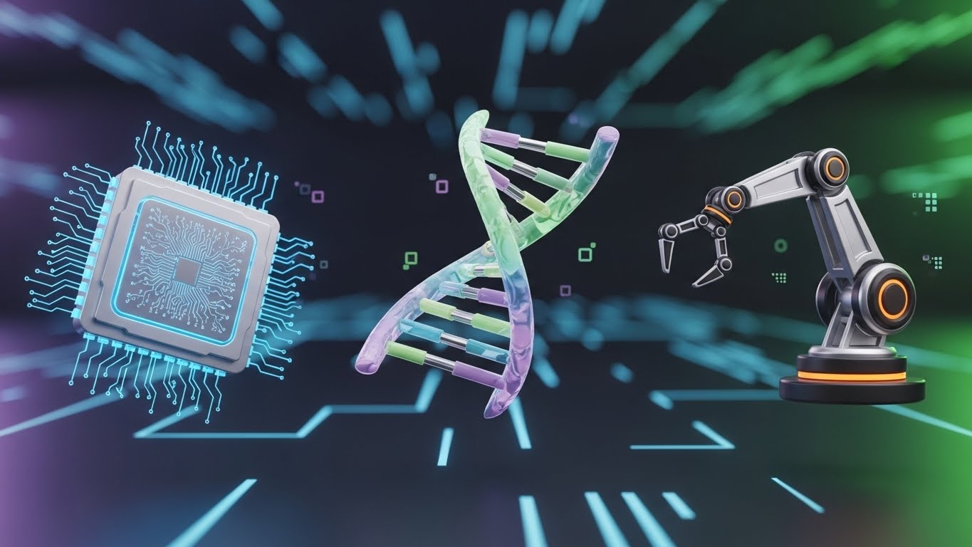 Three 3D icons representing Semiconductor (chip), Bio (DNA helix), and Robot (mechanical arm), floating on a futuristic background, symbolizing leading sectors