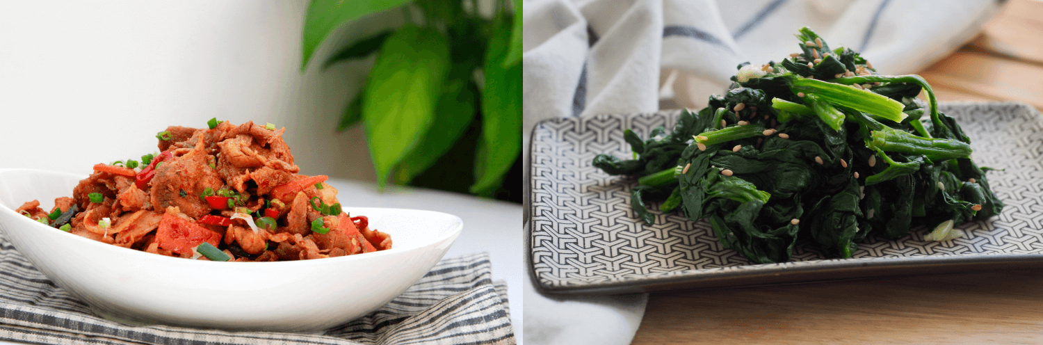 가지 돼지고기볶음과 시금치 무침 사진