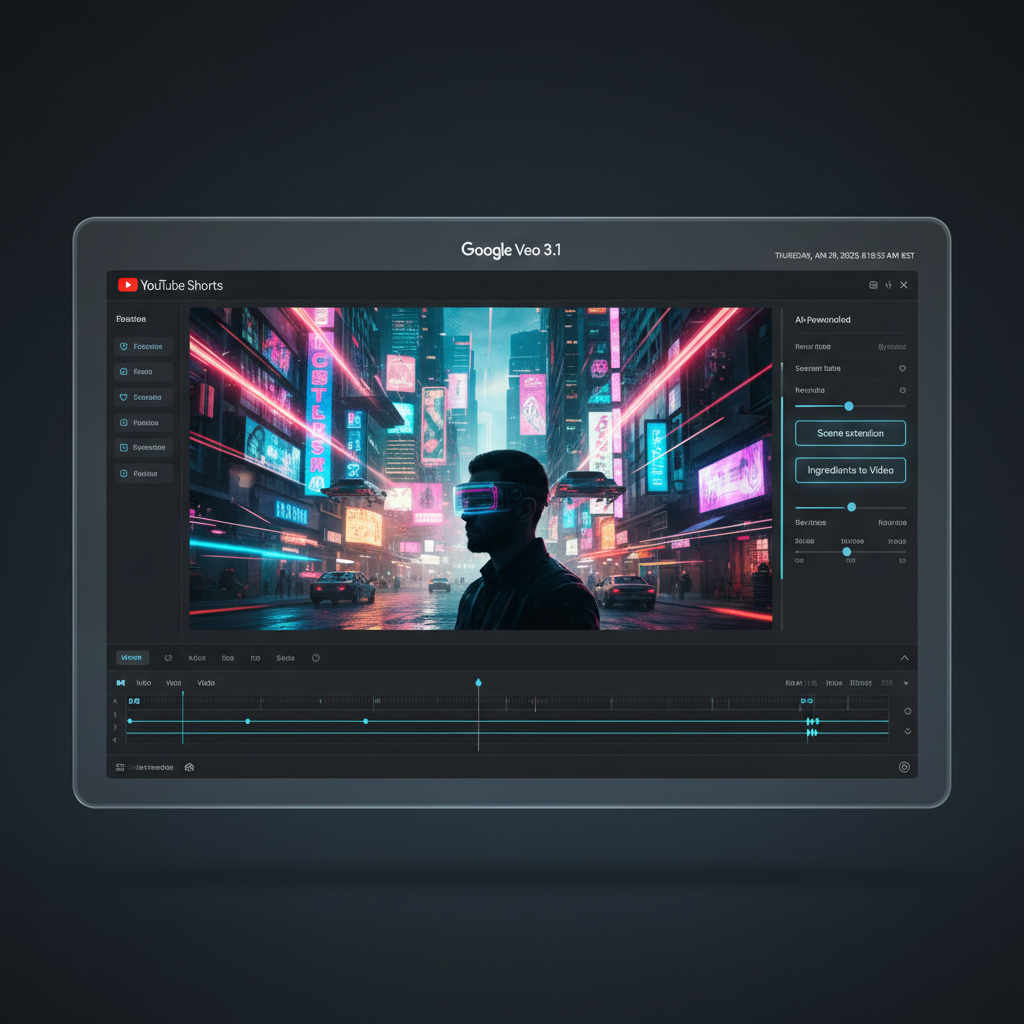 Veo 3.1의 세로형 영상 생성 모드와 씬 익스텐션 기능이 활성화된 전문가용 인터페이스 화면.