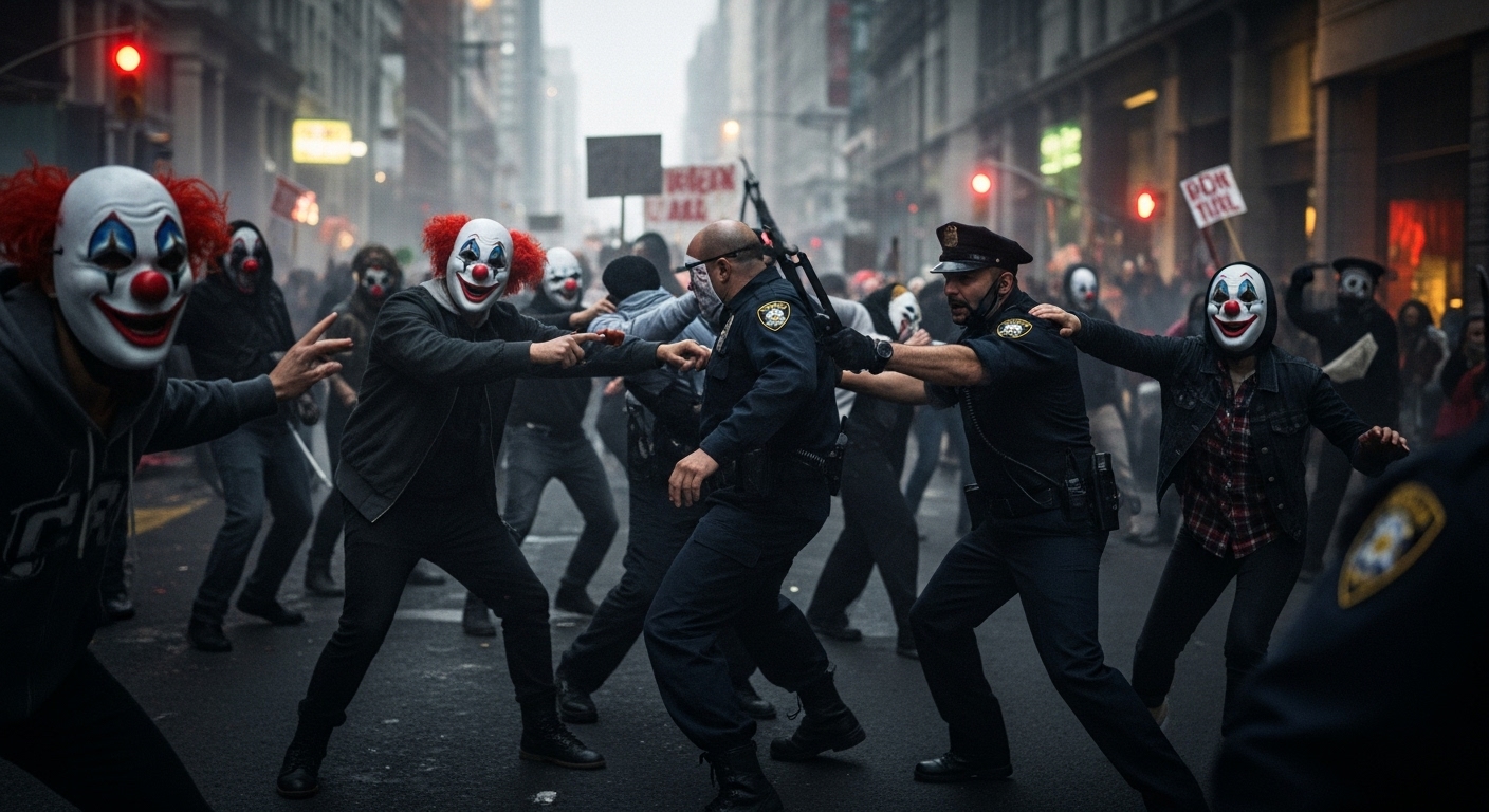 광대 마스크를 쓴 사람들이 혼란스러운 도시 거리에서 시위하는 모습. '조커' 영화의 사회적 불만과 집단적 폭동을 상징.