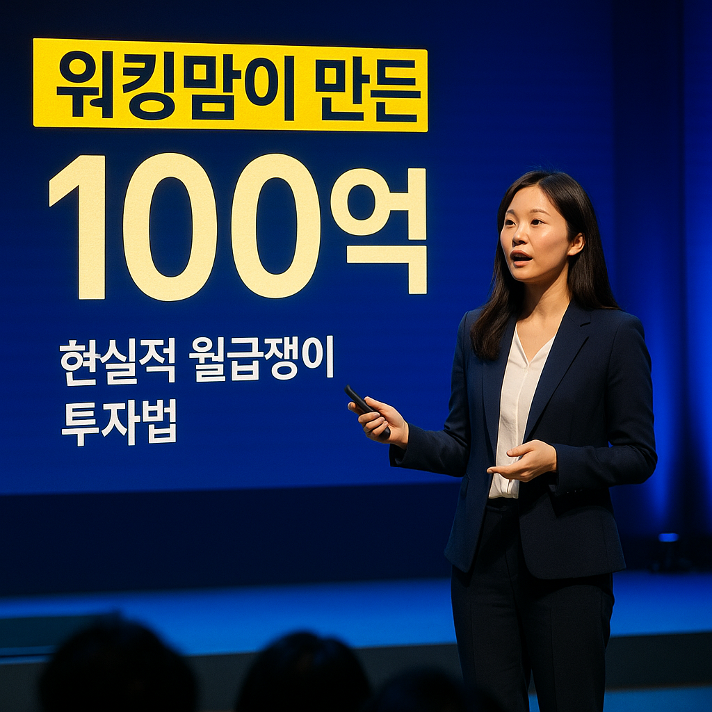 강연 무대에서 프레젠테이션을 진행하는 여성 연사와 화면에 크게 표시된 &lsquo;100억&rsquo;과 &lsquo;워킹맘의 투자법&rsquo; 문구가 강조된 장면