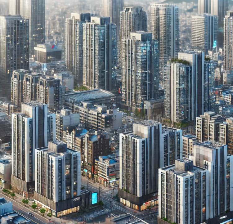 부동산 가격상승과 하락 요인, 고층 아파트와 건물들