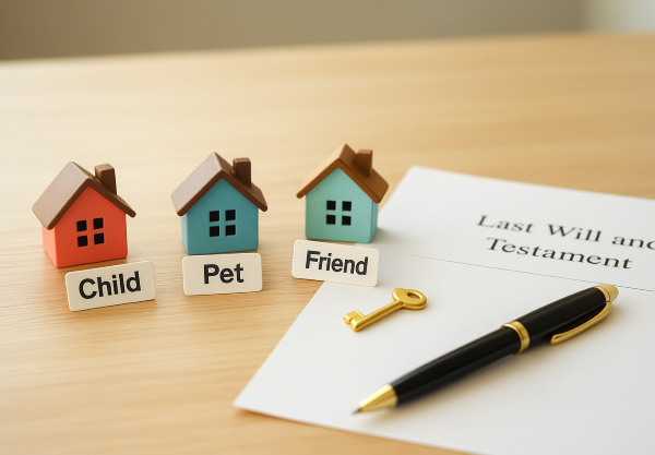유언장 옆에 놓인 'Child', 'Pet', 'Friend' 라벨이 붙은 작은 집 모형과 금색 열쇠, 상속 대상의 다양성을 상징하는 이미지