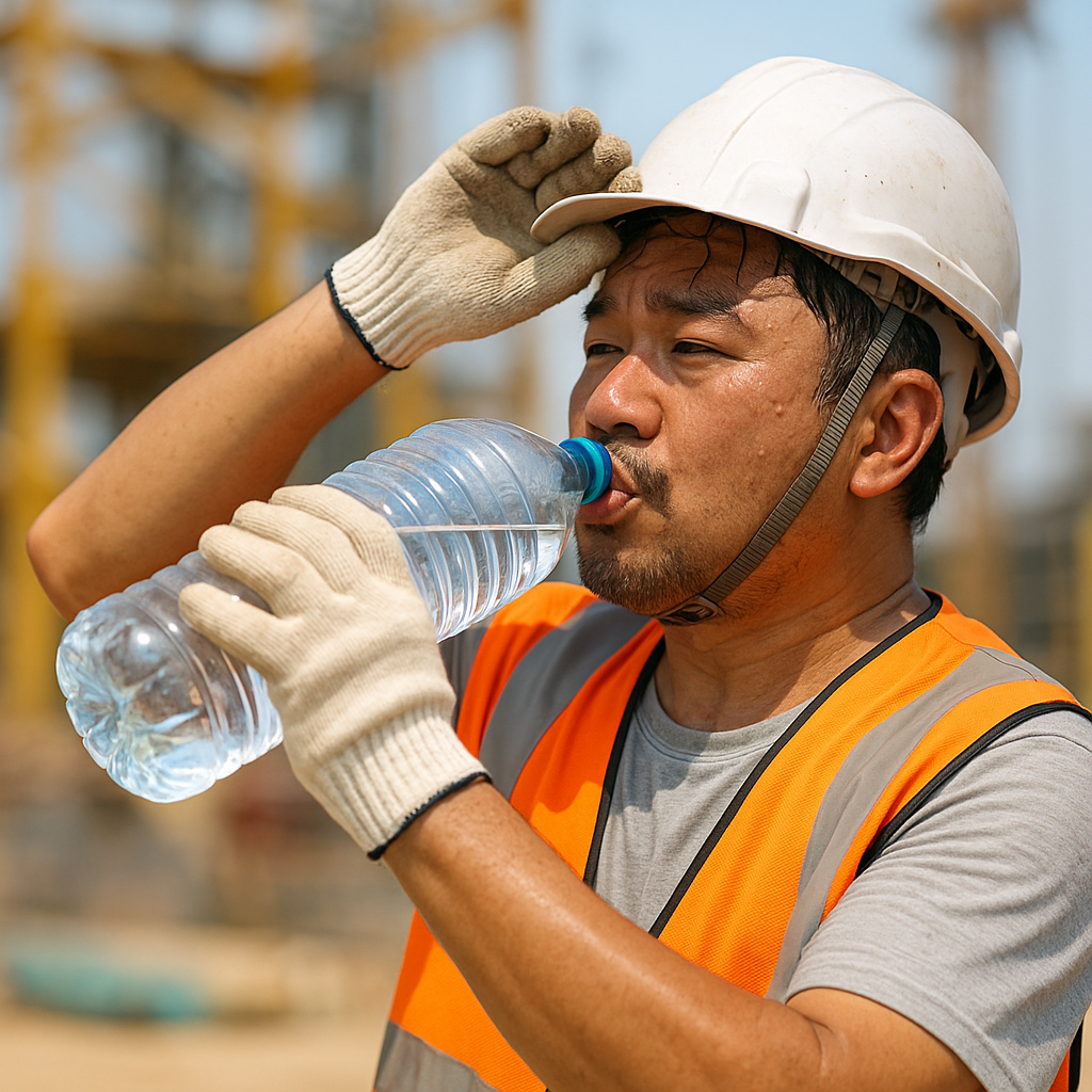 폭염에 물마시고 있는 노동자 모습