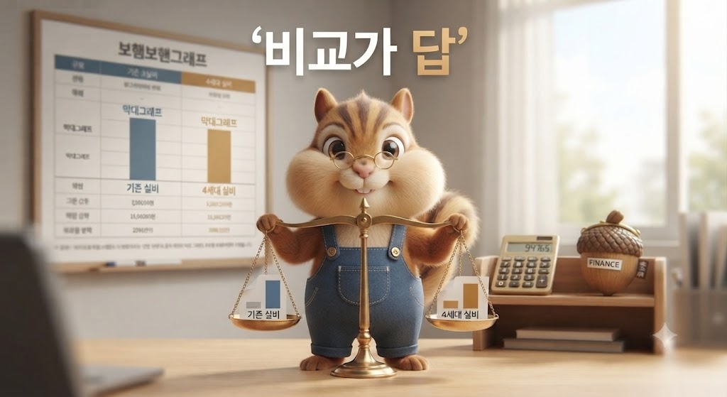 실손보험 세대별 자기부담금 비교표를 확인하는 다람쥐 캐릭터 일러스트