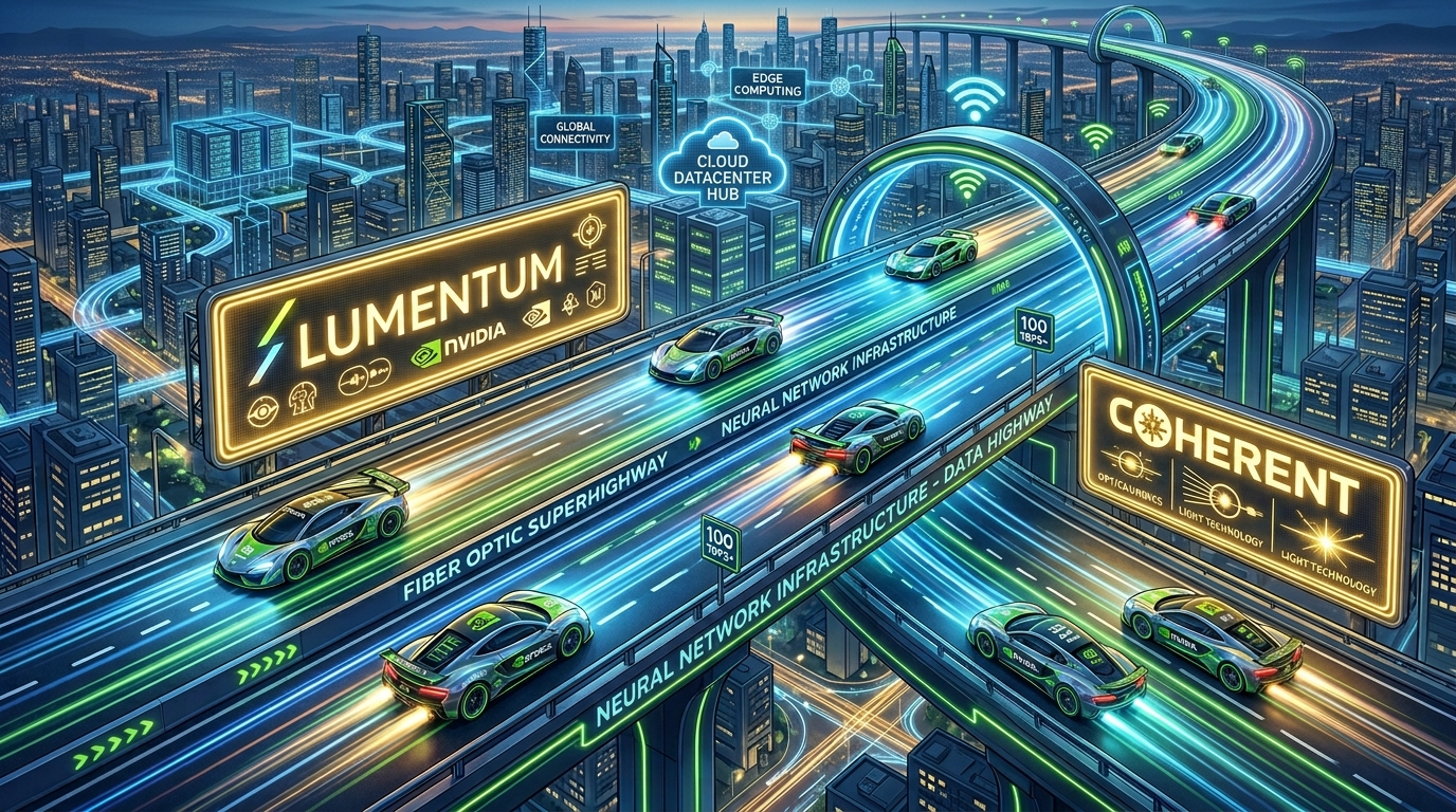 8차선 초고속 광섬유 고속도로 위를 엔비디아 로고가 새겨진 슈퍼카들이 빛의 속도로 질주하고, 도로 주변에 'Lumentum', 'Coherent'라는 간판이 황금빛으로 빛나는 3D 일러스트